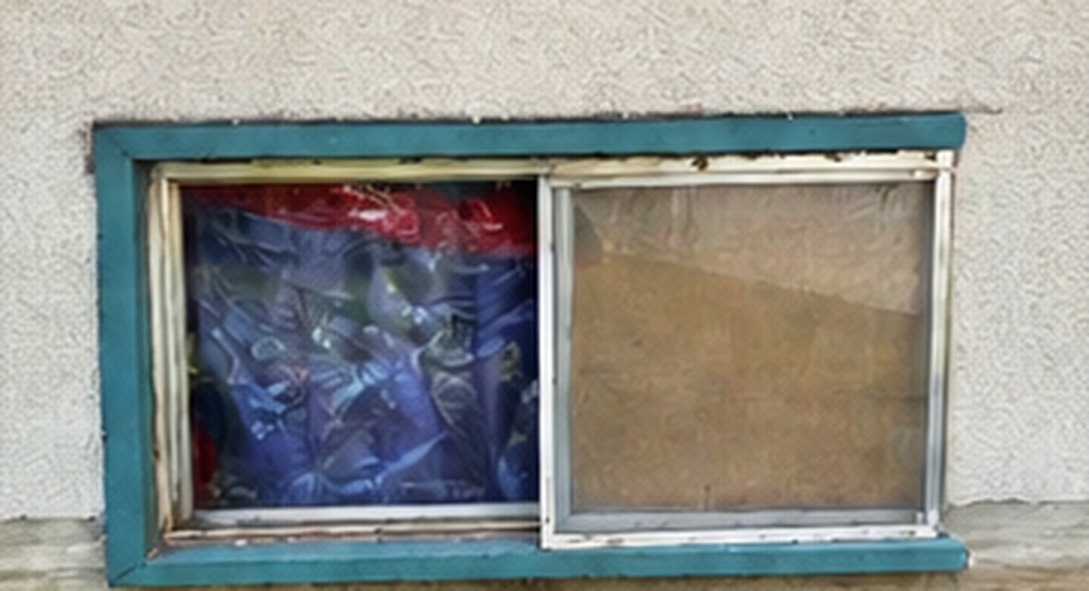 Old basement window with damaged frame and plastic covering before replacement in Edmonton